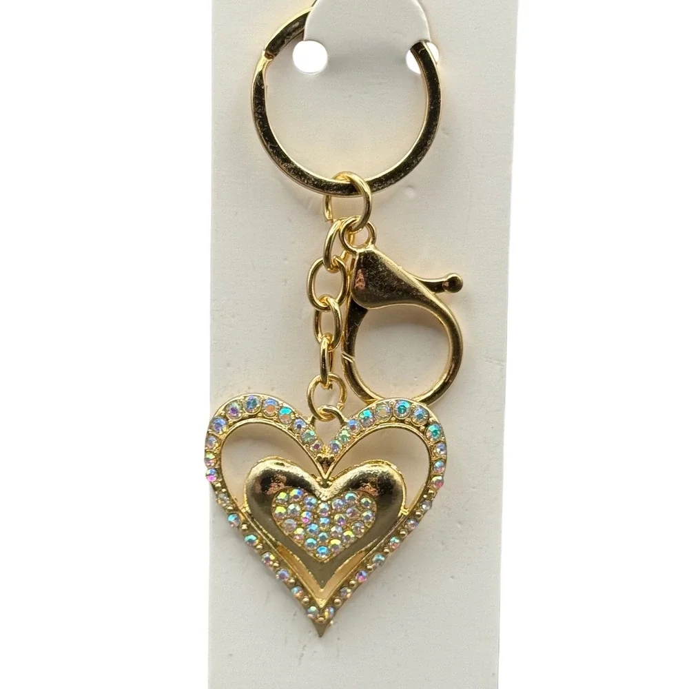 Gold Tone Rhinestone Double Heart Keychain Bag Charm Crystal Sparkly Bling NEW